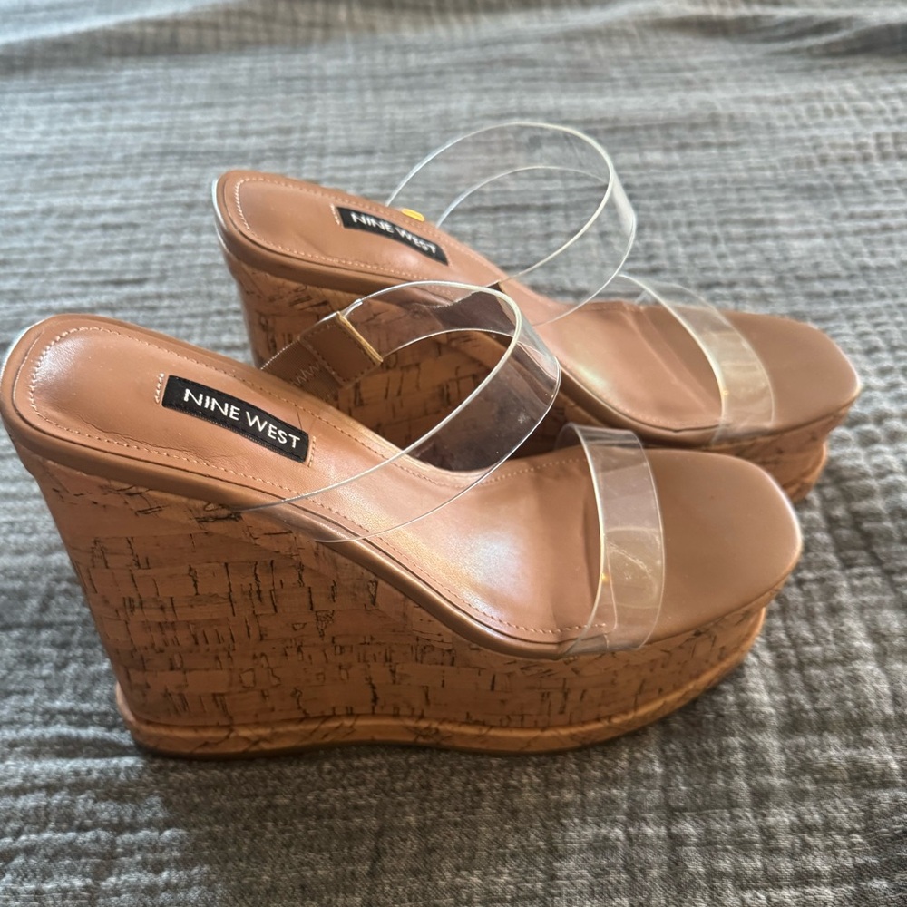 Nine West Clear Strap Cork Platform Wedges